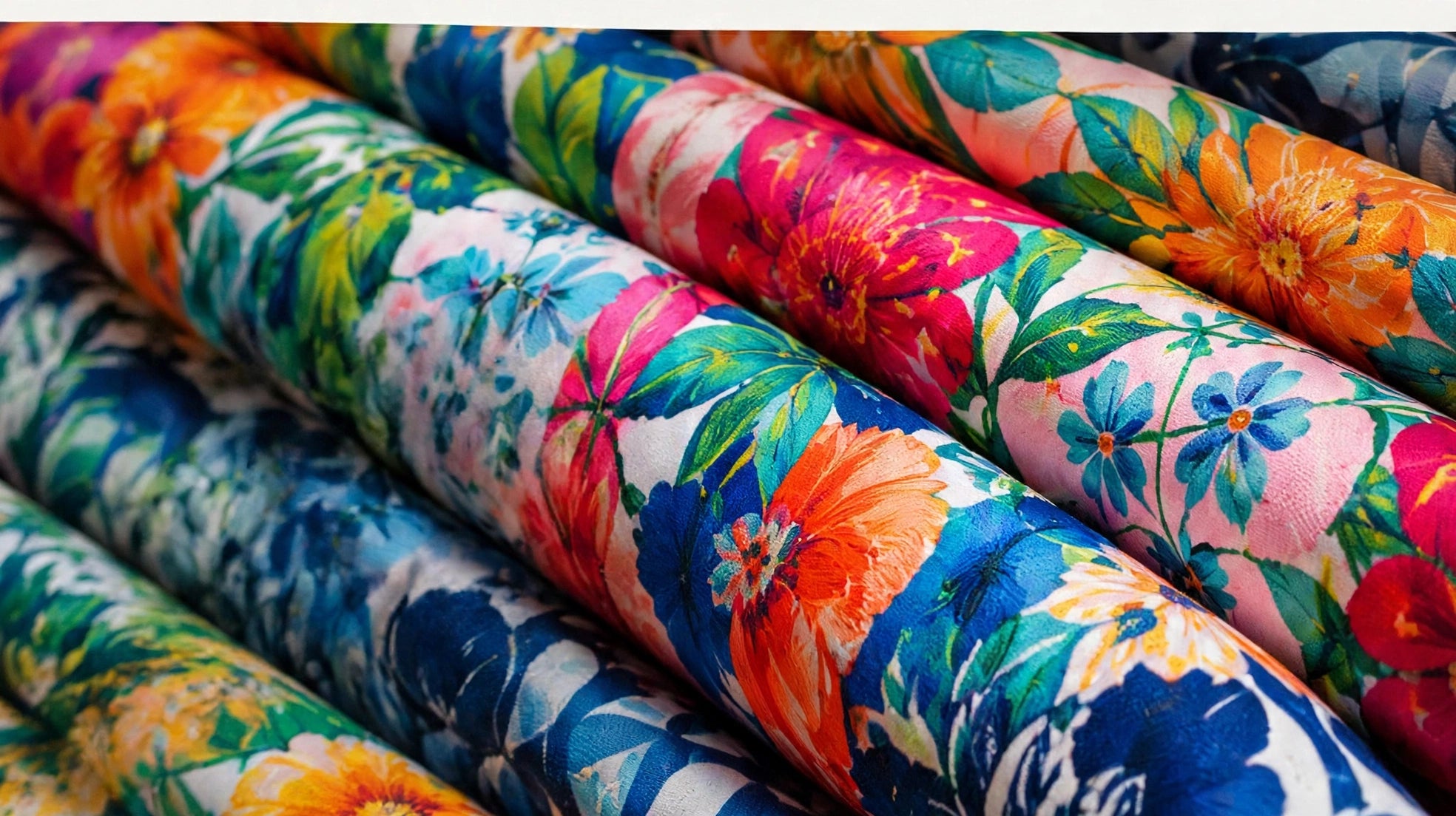 Vibrant printed fabric rolls at KOSMA TEX