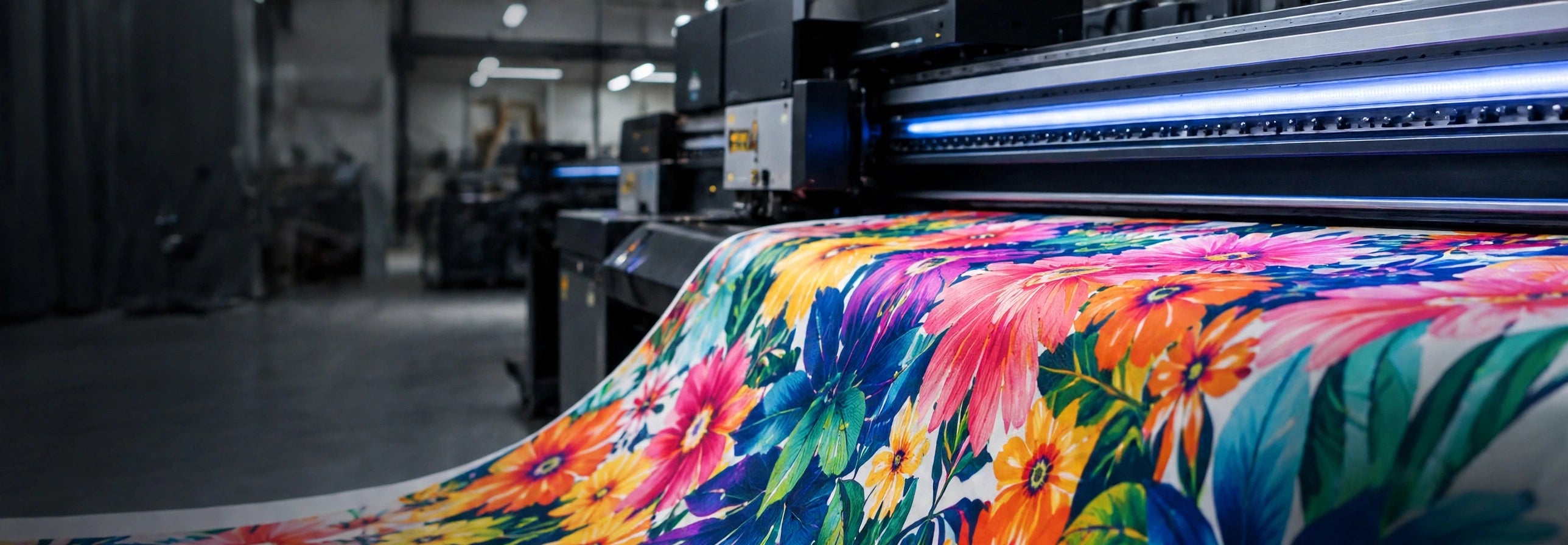Industrial textile printing machine printing vibrant floral fabric