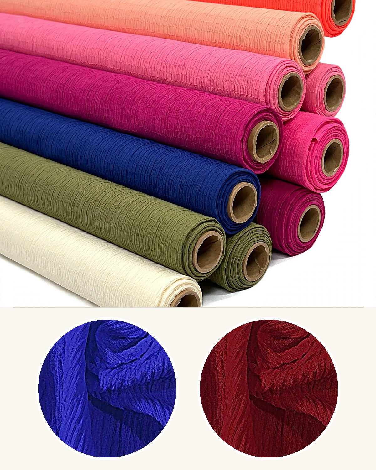 Multicolor Crepe wholesale fabric roll with real texture detail