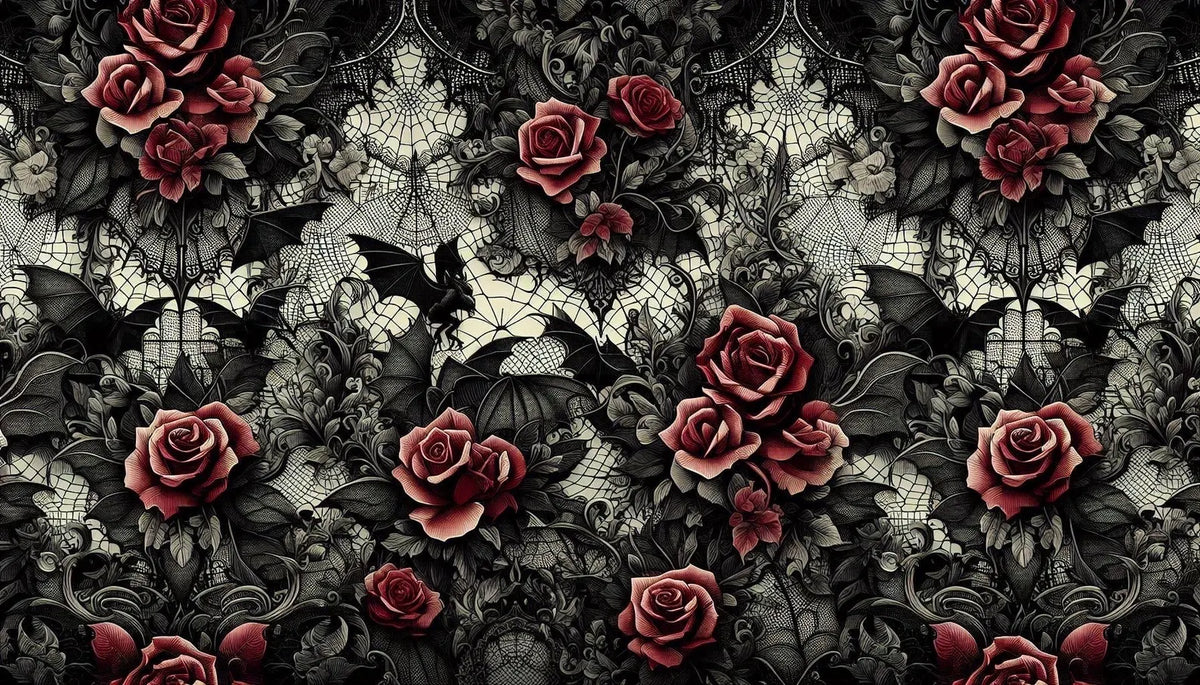 Whimsical gothic seamless fabric flat lay view