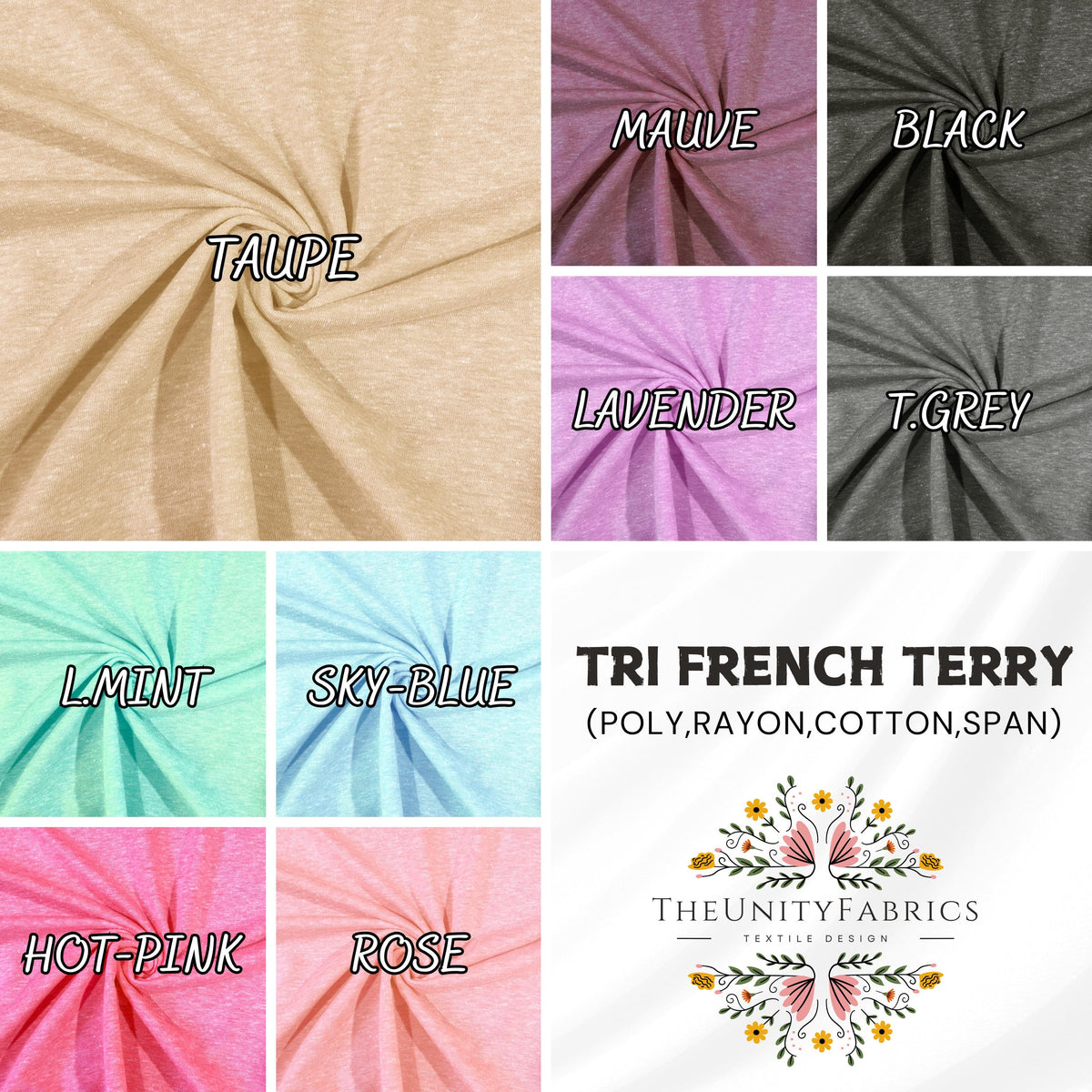Tri French Terry Solid pink, blue, multi Color Textured Poly Fabric. 60" width. Fabric By The Yard.