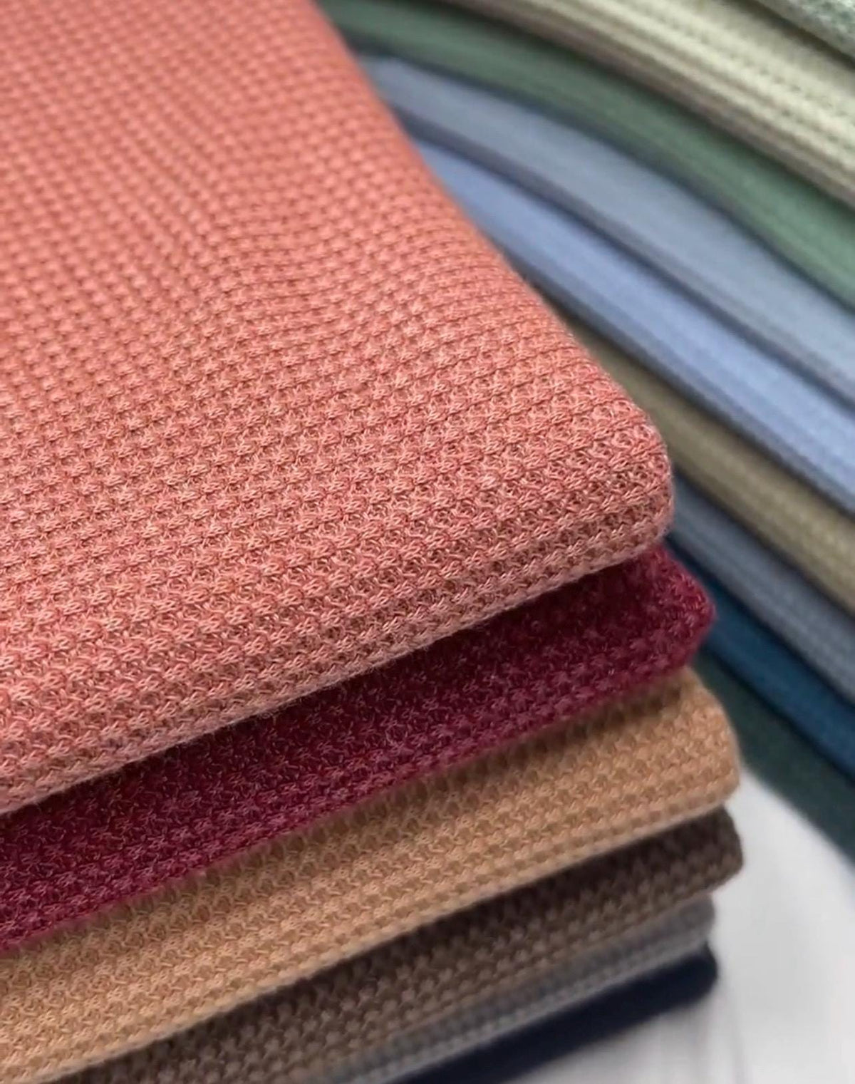 Knitted Waffle Fabric. Thermo-pd fabric. Soft Comfortable Brushed Stripe Elastane Viscose Polyester. Great for towels, bedding, baby fabric