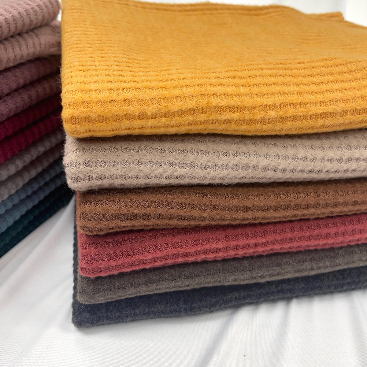 Waffle Brush fabric. SOLIDS VARIETY, Poly Blend, Fabric by the 1/2 Yard, Yard, or Sample, sweater knit fabric, stretch knit, Fashion fabric - 40-Yard Roll