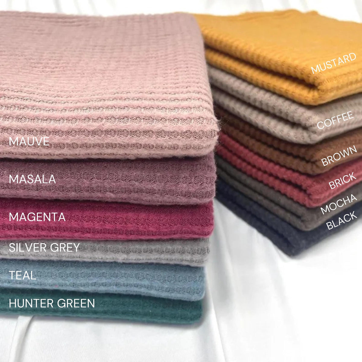 Waffle Brush fabric. SOLIDS VARIETY, Poly Blend, Fabric by the 1/2 Yard, Yard, or Sample, sweater knit fabric, stretch knit, Fashion fabric - 40-Yard Roll