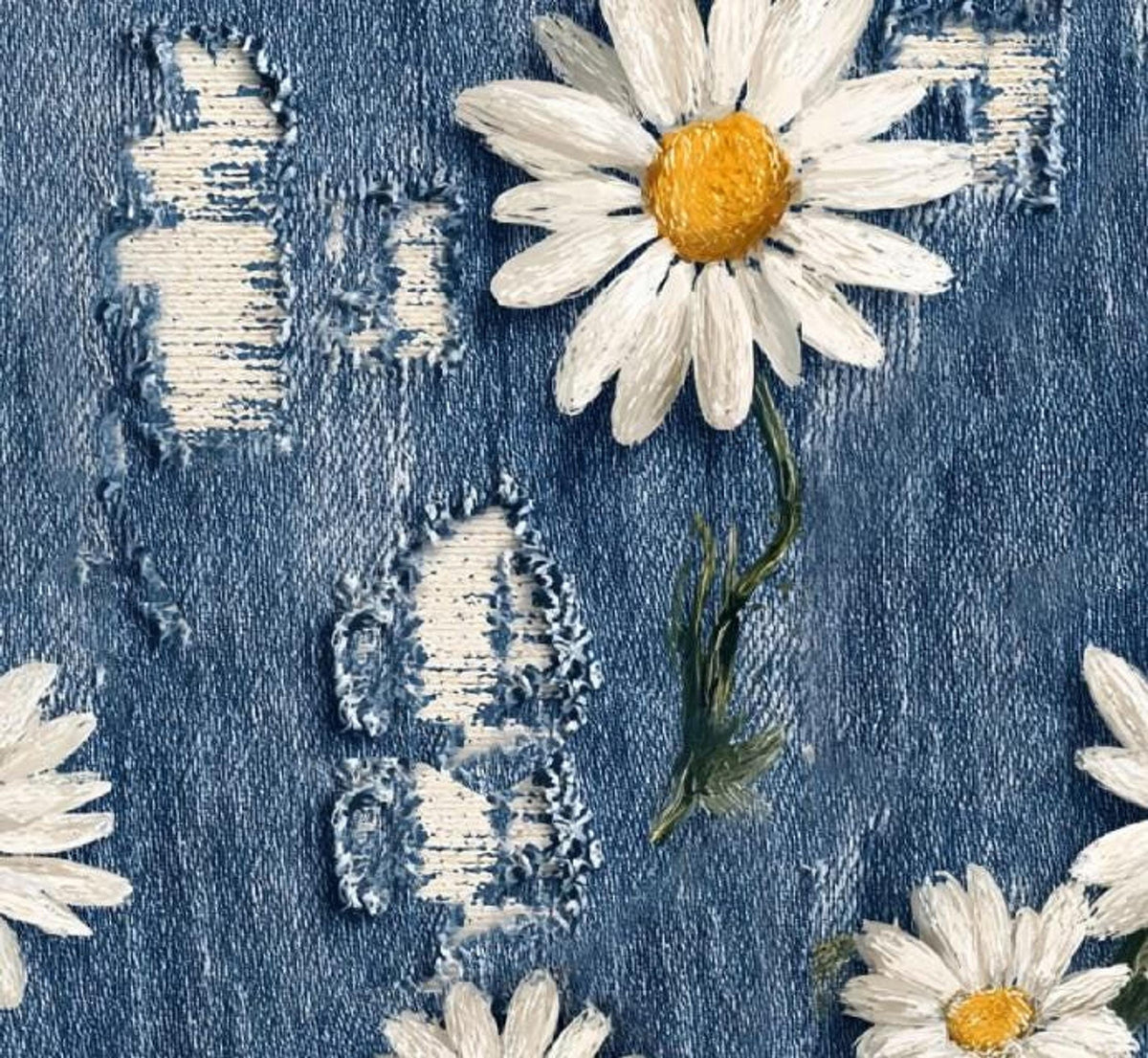 Printed Denim Fabric with Floral Design, 60" Width By The Yard