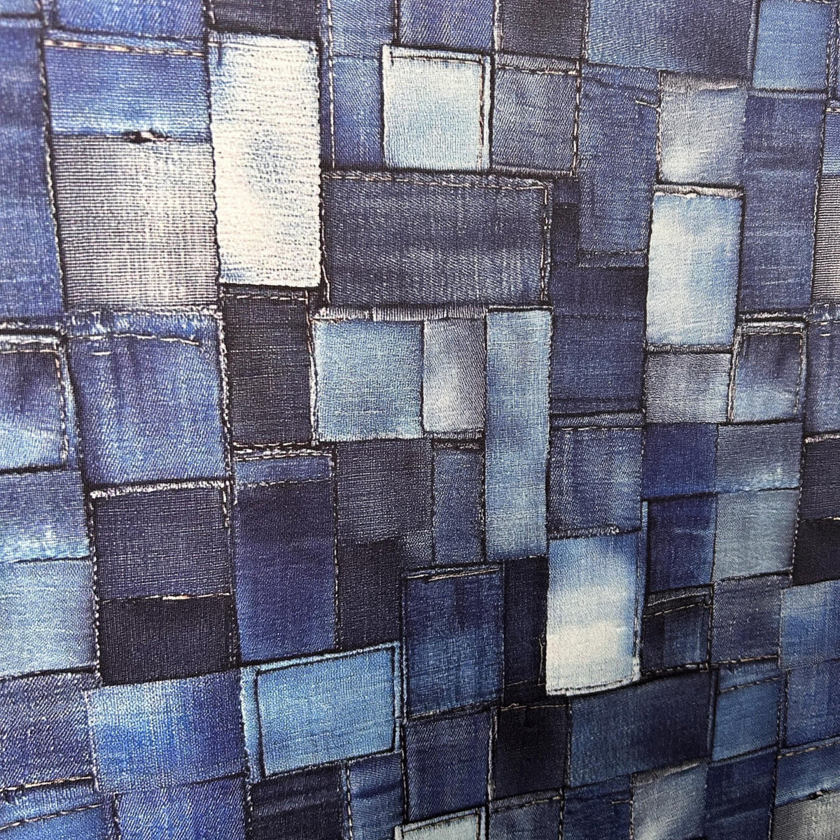 Printed Denim Fabric, Blue Patchwork Texture, 60-Inch Width
