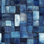 Printed Denim Fabric, Blue Patchwork Texture, 60-Inch Width