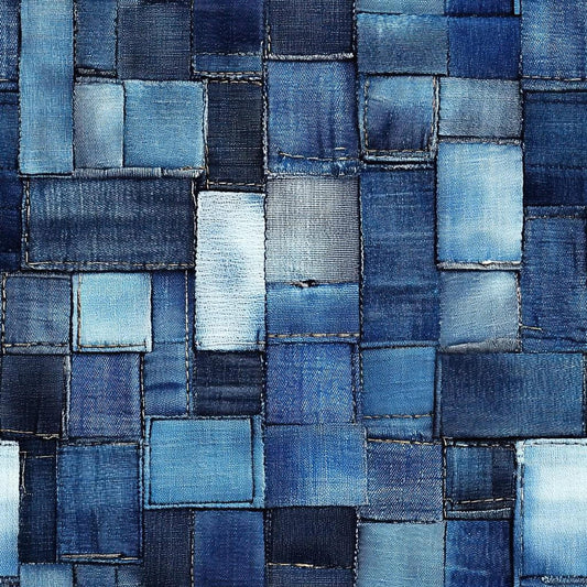 Printed Denim Fabric, Blue Patchwork Texture, 60-Inch Width