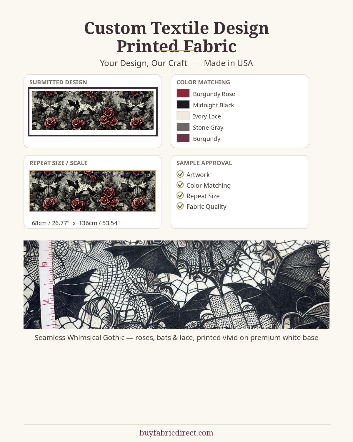 Custom textile design printed fabric - design, color matching, repeat scale, sample approval